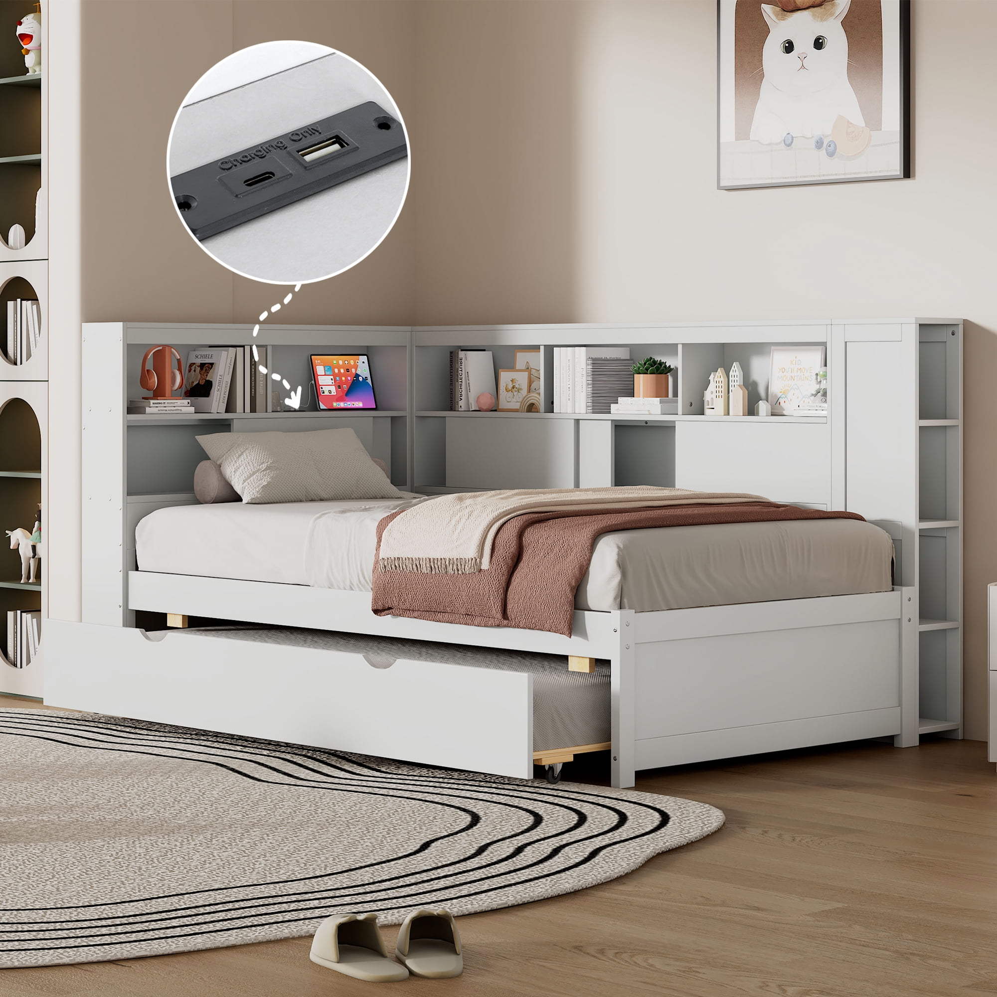 Euroco Wood Twin Daybed with Trundle, Shelves, and USB Charging Station in White
