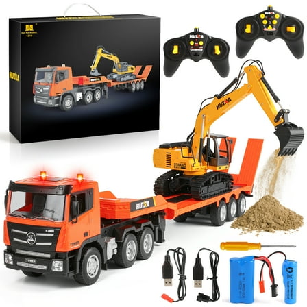 Huge Wave 33Inch 2 in 1 RC Excavator & Flatbed Truck Toys, 1:18 Engineering Remote Control Flatbed Truck with Light and Sound, Birthday Gift for Kids Boys 4-8 Years