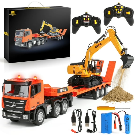 Huge Wave 33Inch 2 in 1 RC Excavator & Flatbed Truck Toys, 1:18 Engineering Remote Control Flatbed Truck with Light and Sound, Birthday Gift for Kids Boys 4-8 Years