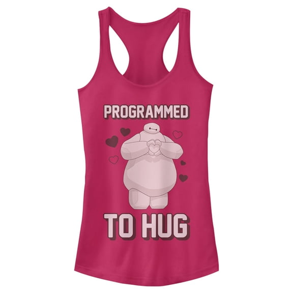 Junior's Big Hero 6 Valentine Baymax Programmed to Hug Racerback Tank Top Dark Pink X Small