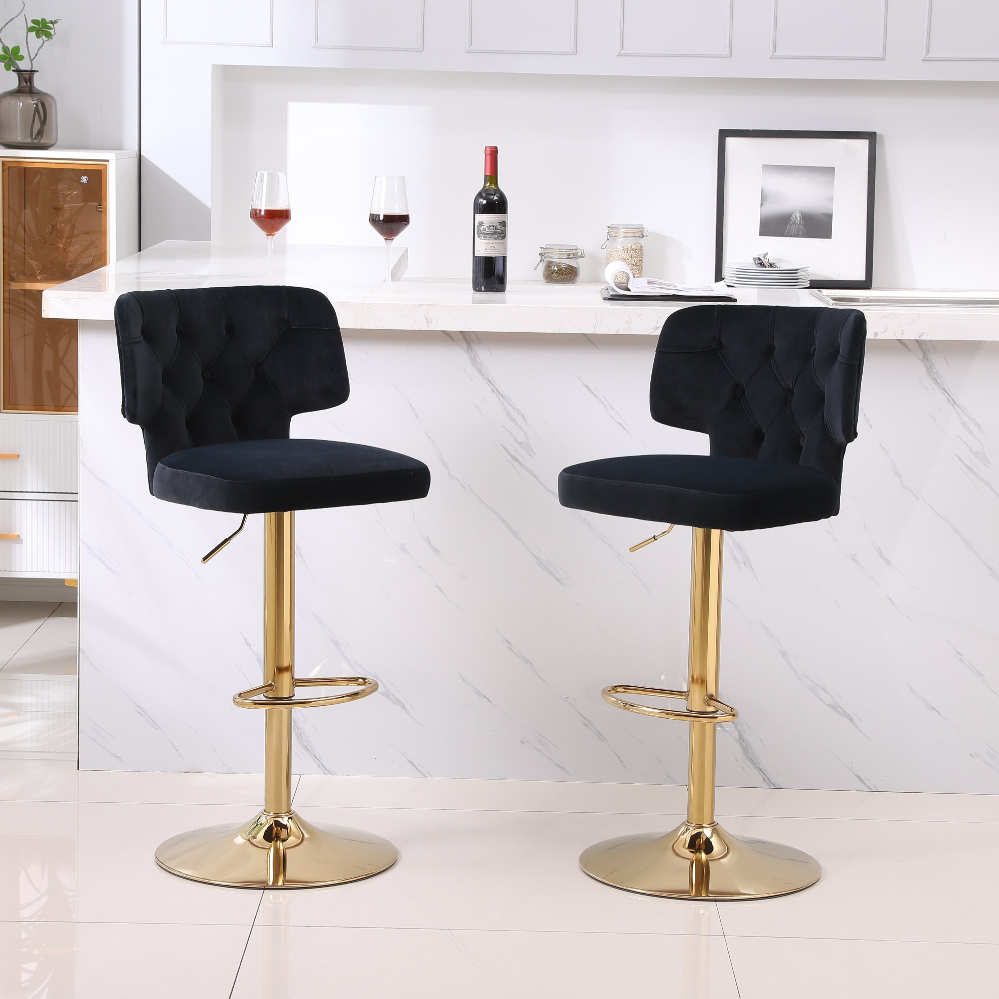 Kadyn Set of 2 Adjustable Swivel Bar Stools Chair with Back& Footrest for Home, Black Kadyn Set of 2 Adjustable Swivel Bar Stools Chair with Back& Footrest for Home, Black