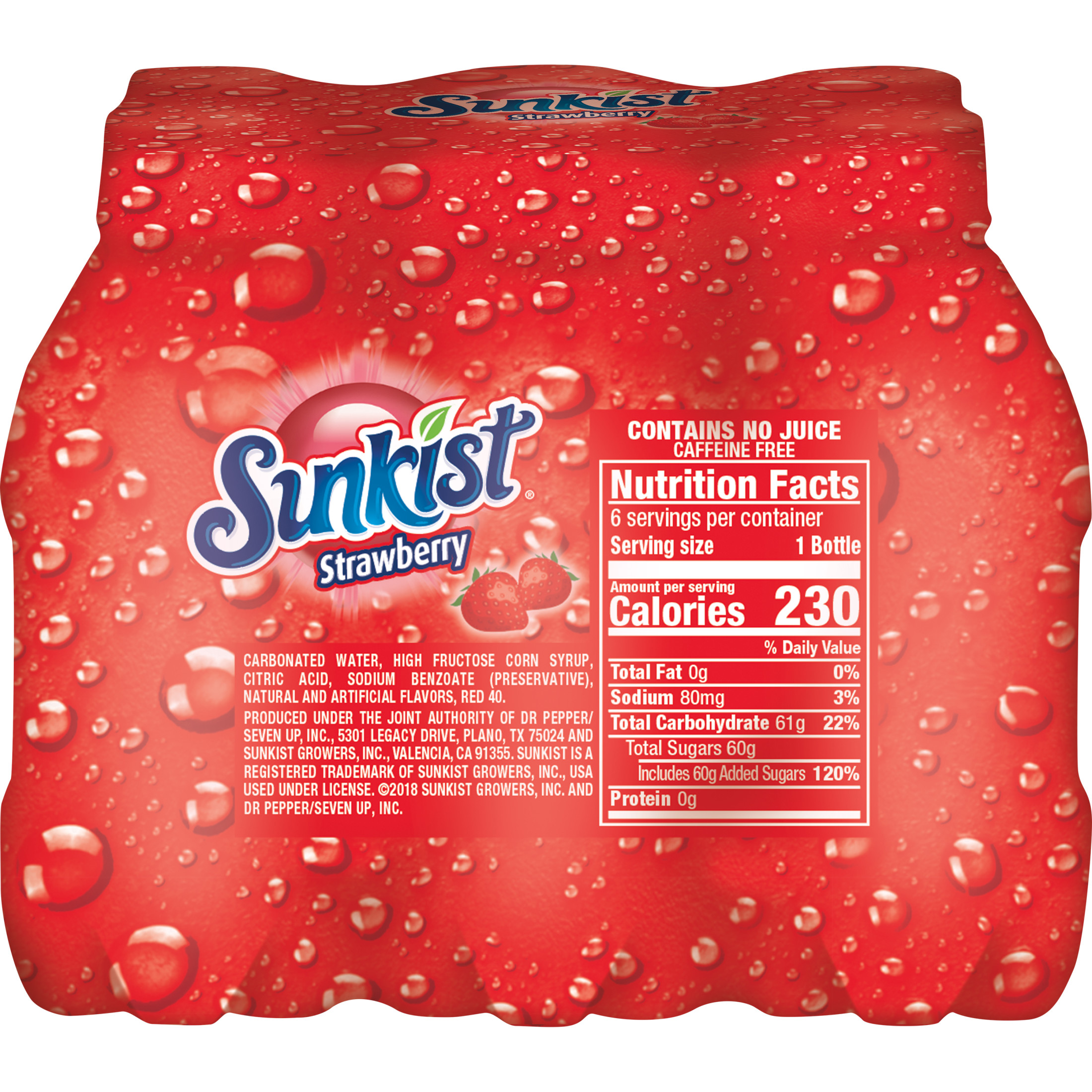 Sunkist Caffeine Free Strawberry Soda Pop, 16 fl oz, 6 Pack Bottles