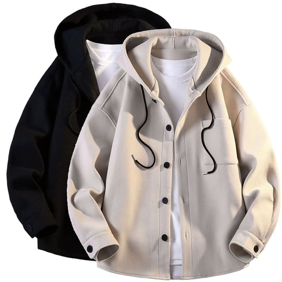 Txeol Woolen Winter Jackets for Men Button Down Long Sleeve Hooded Coat Thermal Outdoor Drawstring Jacket with Pockets,Beige,L