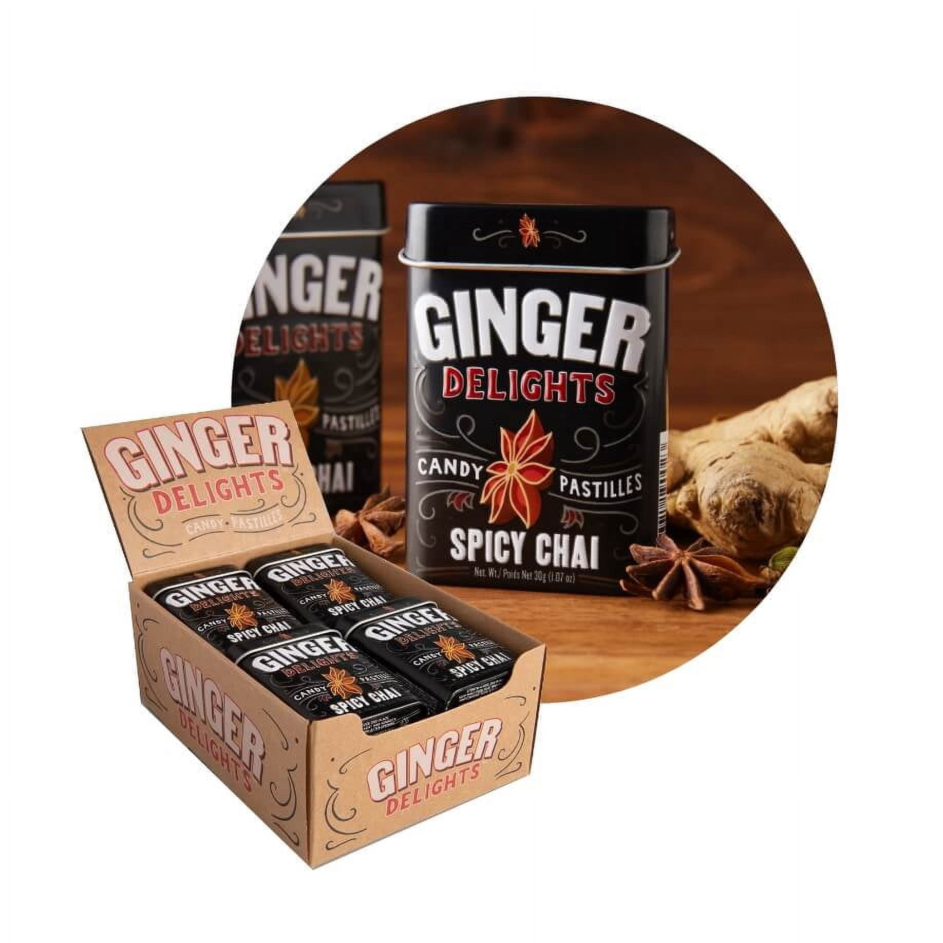 Big Sky Ginger Delights Hard Candy, Spicy Chai, 1.07 Ounce Tin - 12 Count Display Box