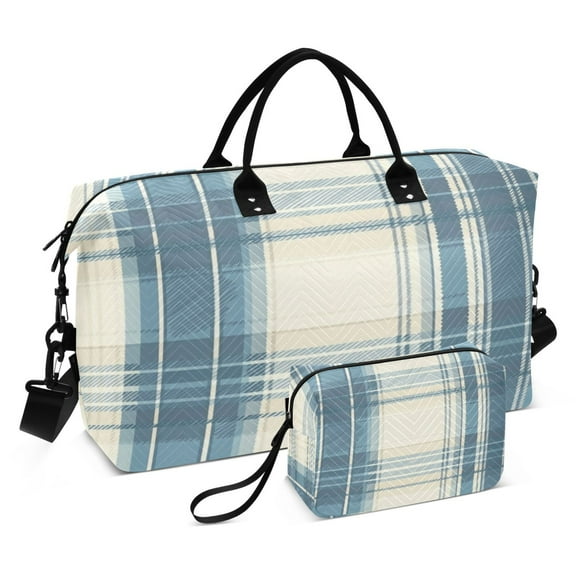 Travel Duffel Luggage Bag Sports Duffle Bag Gym Bag with Zipper Dusty Blue and Beige Check