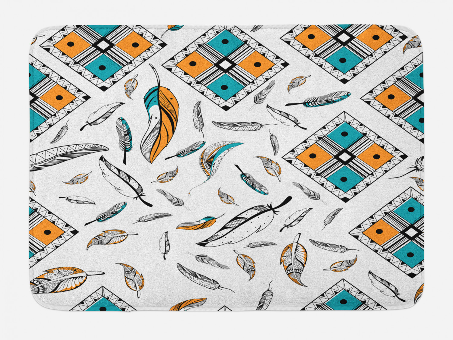 Boho Bath Mat, Tribal Bohemian Bird Feather Patterns with Geometric