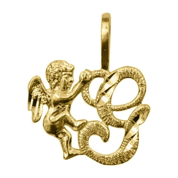 Precious Stars 14K Yellow Gold Cherub and Cursive Initial Letter 'G' Pendant - No Chain, Pendant Only