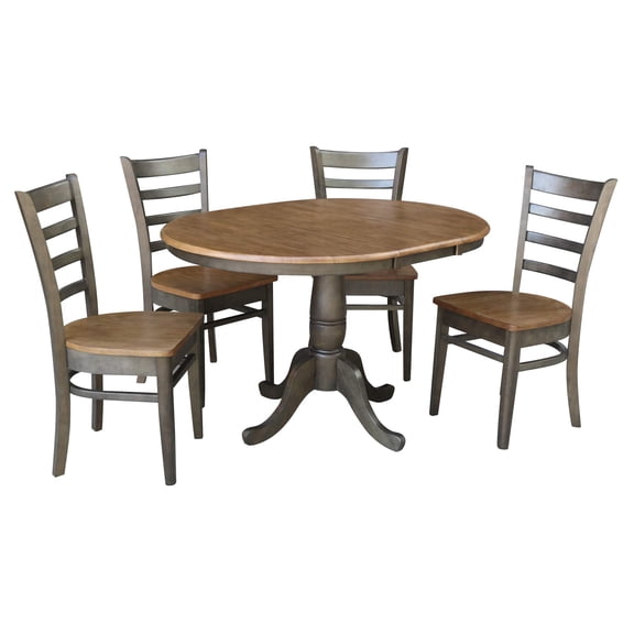 36" Round Wood Extension Dining Table with 4 Chairs in Hickory/Washed Coal