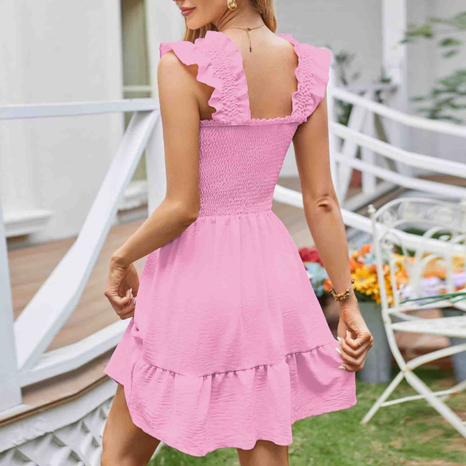 BLVB Womens Summer Dresses Casual Sleeveless Square Neck Smocked Ruffle  Backless Boho Mini Dress Trendy Sundress