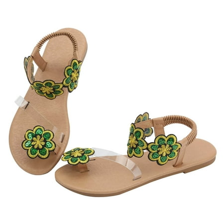 

Liaosiiii Women s Large Size Flower Flat Sandals Border Resort Style Thong Elastic Band Beach Sandals Womens Fringe Sandals