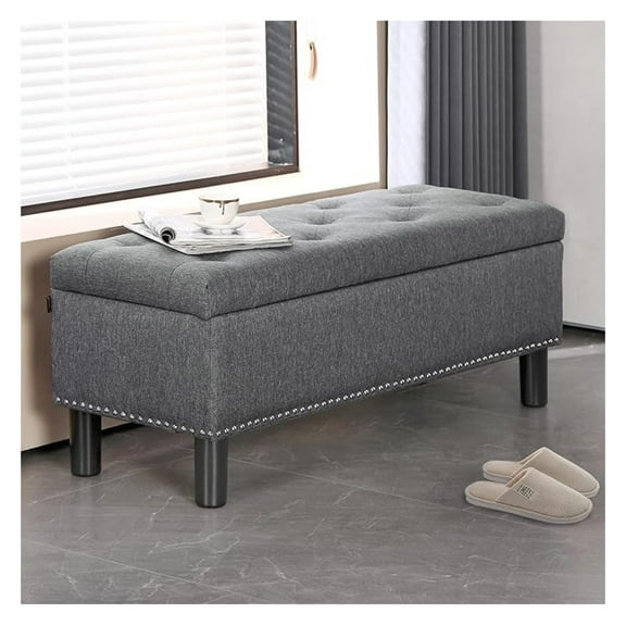 42.5 Inch Storage Ottoman , Top End of Bed Storage , Upholstered Blanket for Bedroom, Entryway, Living Room, Tufted Linen (Dark Grey)