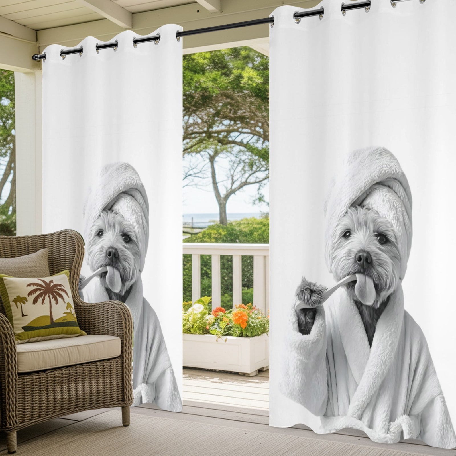 Funny Dog Outdoor Curtains for Patio, The Dog Brushing Its Teeth Bathroom Sunshade Privacy Drapes Grommet Waterproof Outside Curtains for Porch/Cabana/Balcony 54"x 108", 1 Panel