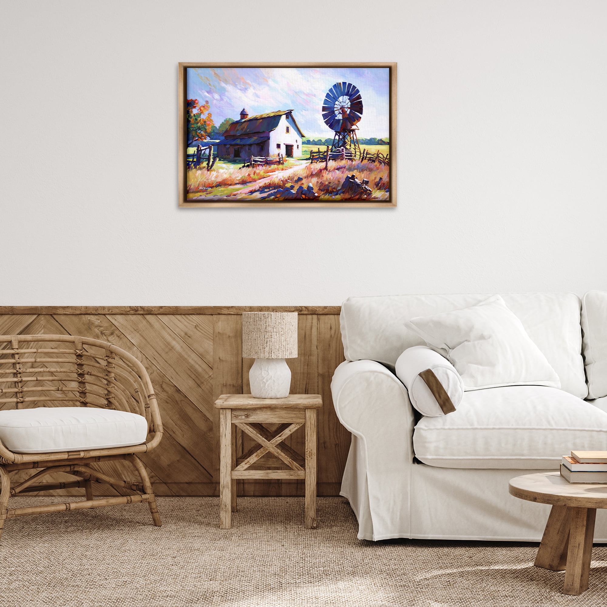Stupell Industries Countryside Serenity Landscape Landscape Painting Brown Floater Framed Canvas Art Print Wall Art, 31 x 21