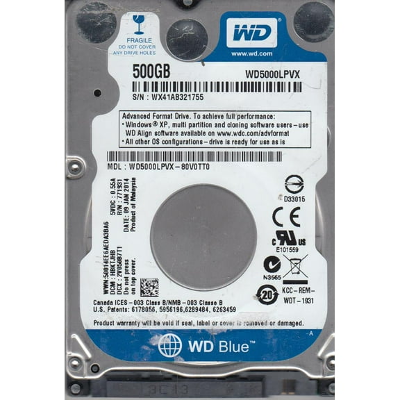 WD5000LPVX-80V0TT0, DCM HBKTJHB, Western Digital 500GB SATA 2.5 Hard Drive