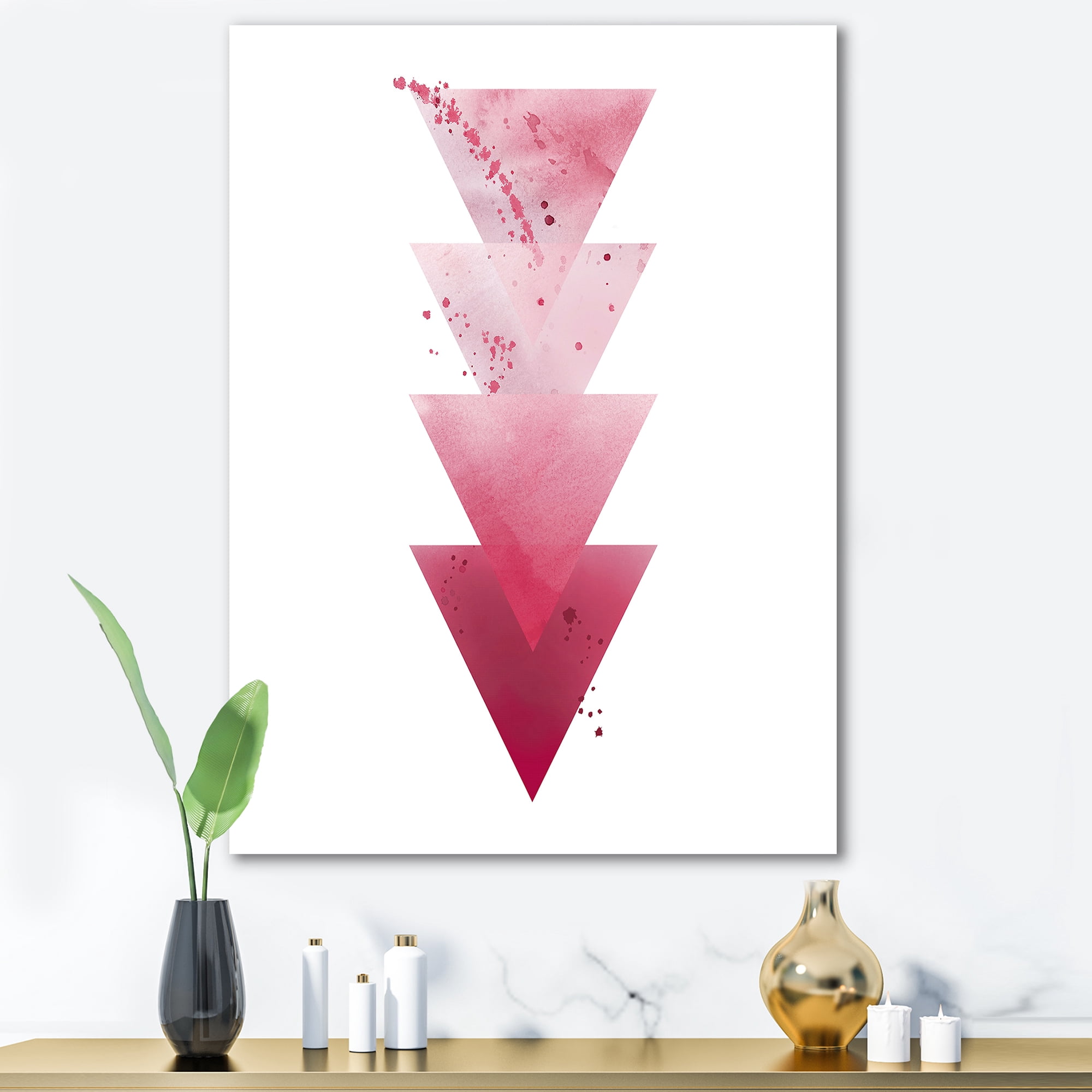 Abstract Geometric Art Red Triangles Composition 16 in x 32 in Painting Canvas Art Print, by Designart