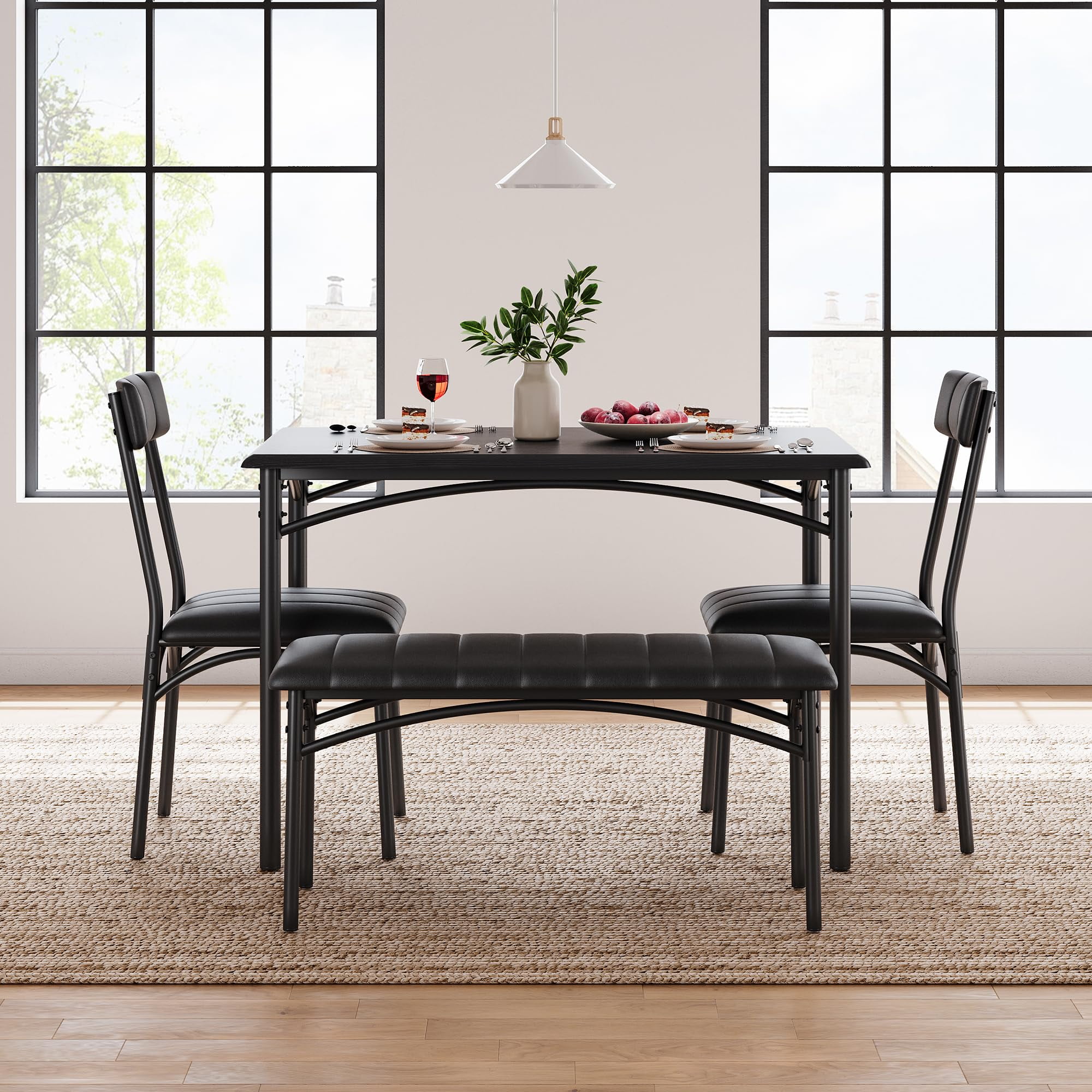 TROPOW Dining Table Set for 4, Kitchen Table with Upholstered Bench and 2 Chairs, Kitchen Table and Chairs Set, for Small Space, Apartment, Home, Kitchen,Black