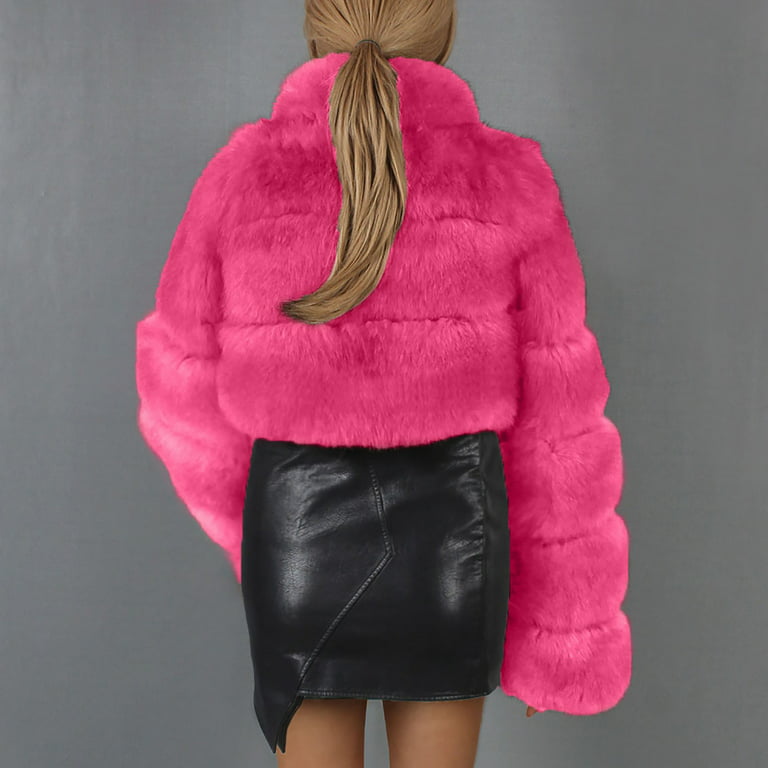 Hfyihgf Women Winter Faux Fur Coat Lapel Soft Fluffy Fleece Cropped Jacket  Long Sleeve Warm Thickened Plush Casual Solid Outwear（Hot Pink,XXL)