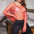 thumbnail image 2 of JIAYUE Women's Swimwear Cover-Ups V Neck Mesh Rhinestone Long Sleeve Hollow Lightweight Cozy Solid Color Crop Sparkly Swimsuit Cover Up Top, 2 of 4
