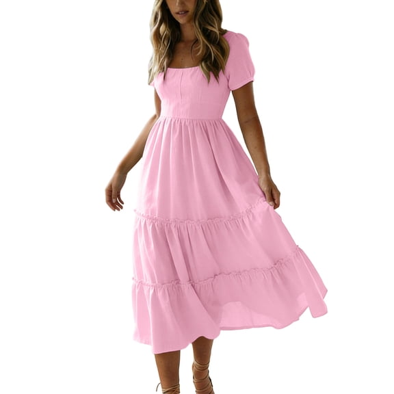 MYAOYI Women's Dresses Boho Flowy Midi Dress Square Neck Short Sleeve Ditsy Floral Tiered Casual Summer Dress