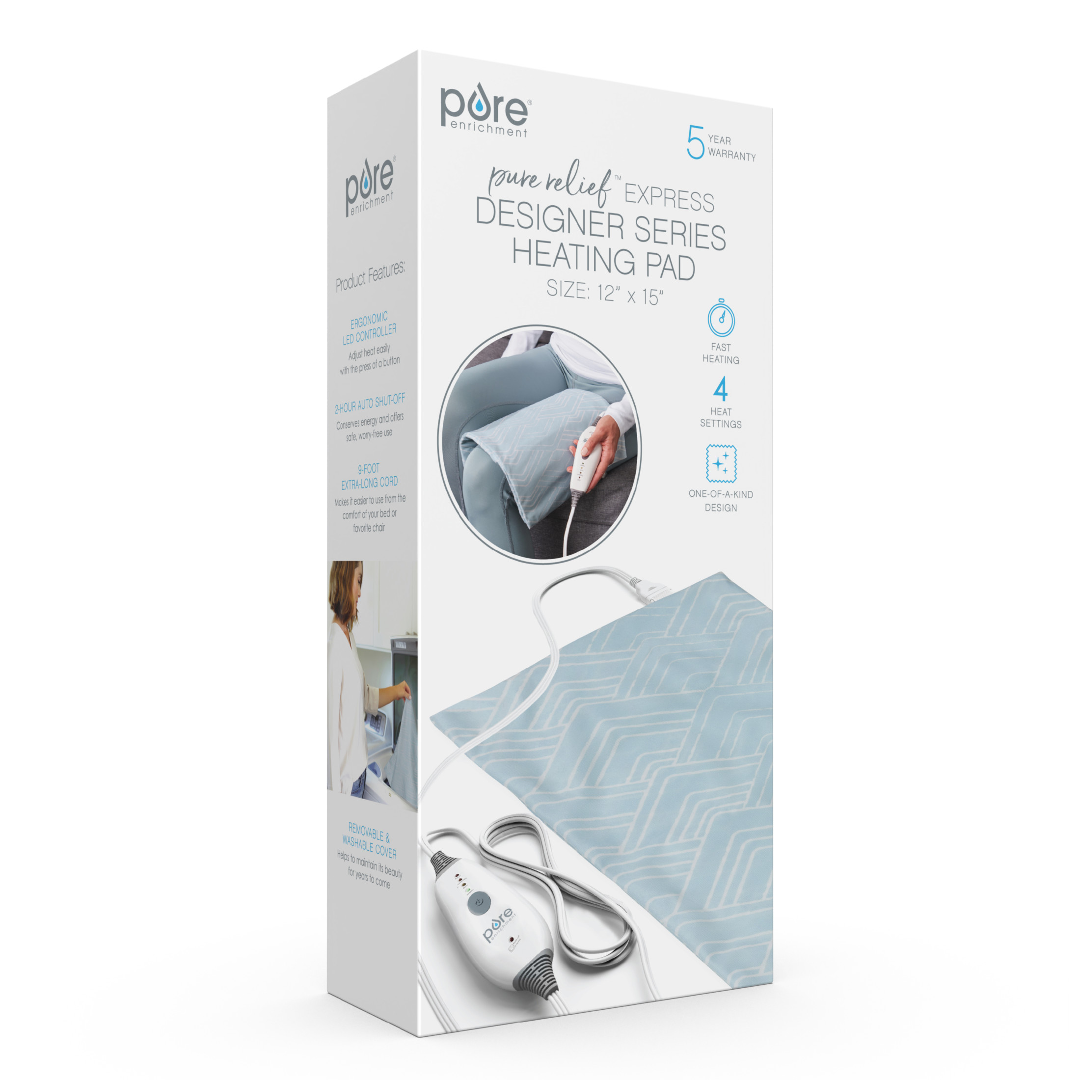 Pure Enrichment PureRelief Express Designer Series Electric Heating Pad - 12” x 15” Fast-Heating with 4 Heat Settings, Machine-Washable Fabric, & 2-Hour Auto Safety Shut-Off - Cerulean Diamond