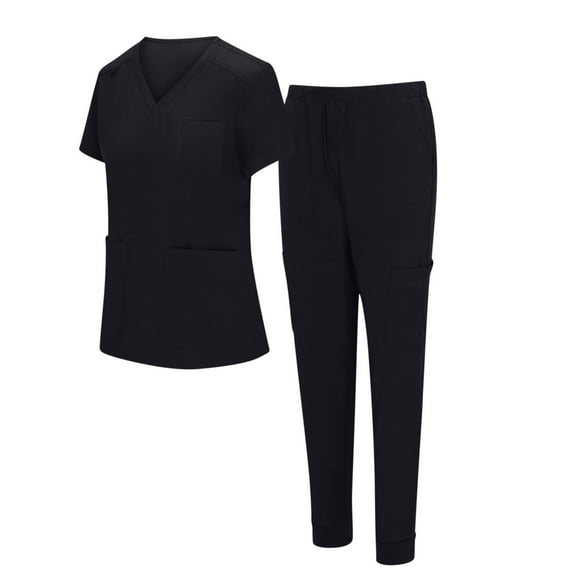 yoeyez Scrubs for Women Plus Size,Women's Nurses Sets Tunic Uniform Clinic Carer V-Neck Protective Clothing and Pants Black