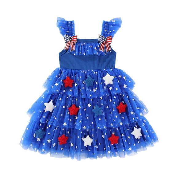Bainana 4Th Of July Tulle Dress For Girls Sleeveless Red White And Blue Dresses USA Celebrate Anniversary Patriotic Dress For And Toddler 12-18 Months Blue