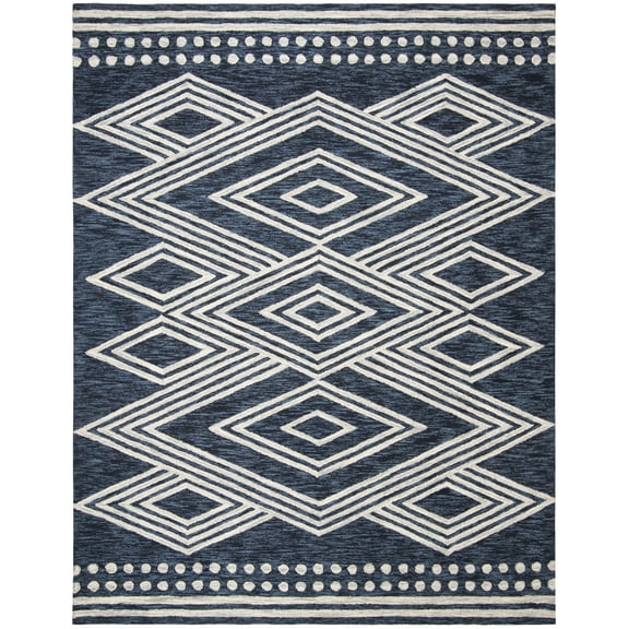 SAFAVIEH Micro-Loop Glenda Geometric Aztec Wool Area Rug, Navy/Ivory, 9' x 12'