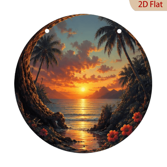 Sunset Beach Theme, Round Aluminum Metal Decorative Plaque Sign, Home Decoration, Suitable for Bar Kitchen Cafe Family Room Office Decor, Holiday Gift, 8x8 Inches