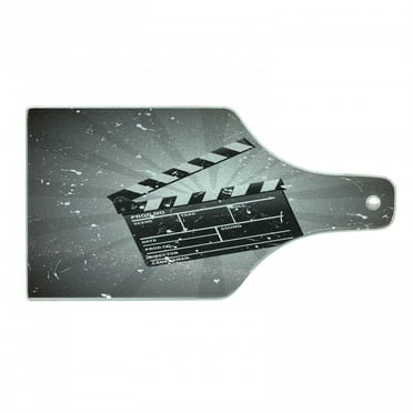 Movie Theater Cutting Board, Clapper Board on Retro Backdrop Grunge Effect Director Cut Scene, Tempered Glass Cutting and Serving Board, Wine Bottle Shape, White Black and Grey, by Ambesonne
