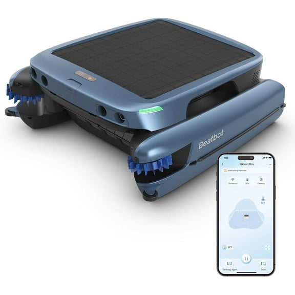 iSkim Ultra Solar Powered Robotic Pool Skimmer - 24/7 Cleaning, Solar & Magnetic Wireless Charging, Water Clarification, Edge & Corner Cleaning, S-Path Optimization, App Control, Ice Blue