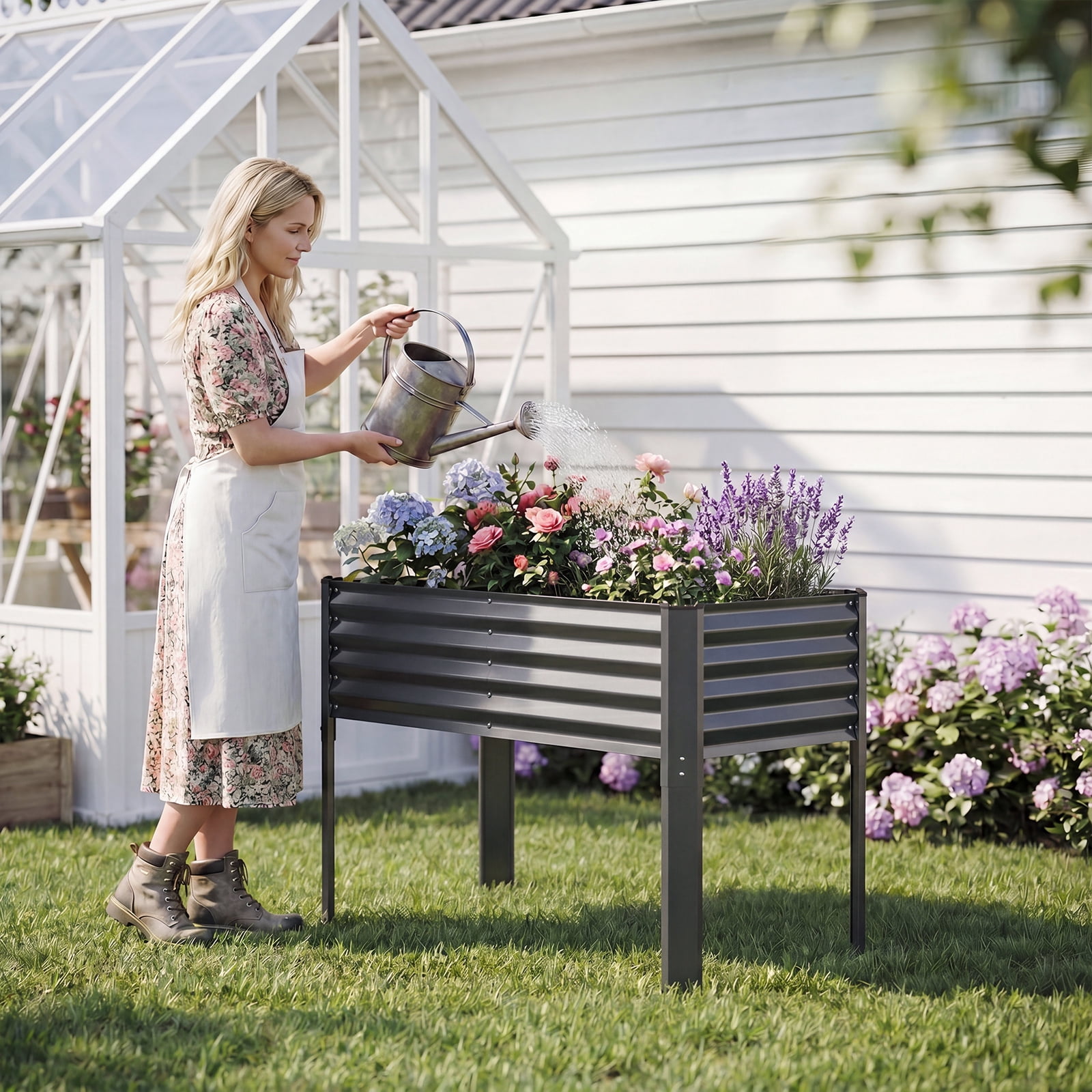 Costway 1 PCS Galvanized Raised Garden Bed with Legs, Metal Elevated Planter Box for Vegetables Gray