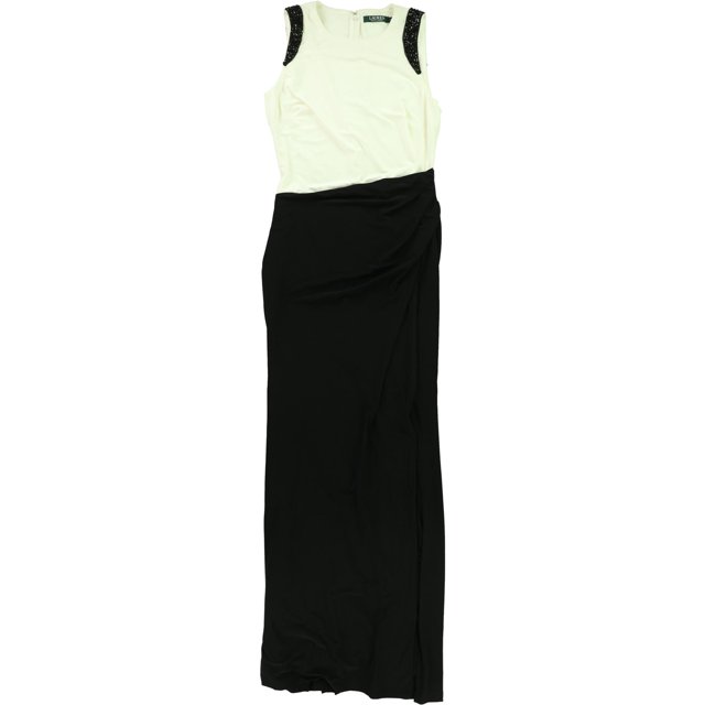 ralph lauren vestido acampanado con bloques de colores para mujer, negro, 2 Vestido largo A-line bicolor negro y blanco. Cuerpo blanco sin mangas con escote redondo y puños con cuentas negras; falda negra con abertura lateral izquierda y cierre posterior con cremallera; 95% poliéster, 5% elastano, ocasión cóctel. También suele usarse como opción elegante para eventos formales nocturnos.