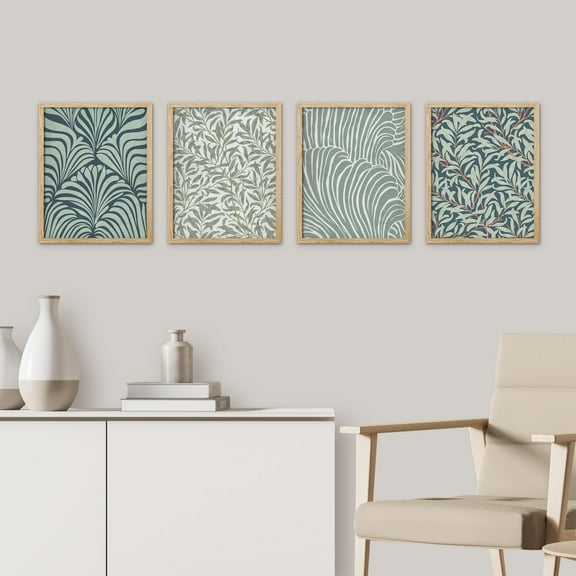 PixonSign Framed Wall Art Teal and Grey Botanical Pattern Prints, Set of 4 Abstract Floral Paintings, Nature Wilderness Wall Décor, Vintage Retro Adhesive Canvas Posters - 11"x14" Natural