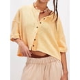 thumbnail image 2 of Women Y2K Button Front Crop Sweater Cardigan Solid Color Crew Neck Middle Sleeve Knit Tops Streetwear Yellow M, 2 of 5