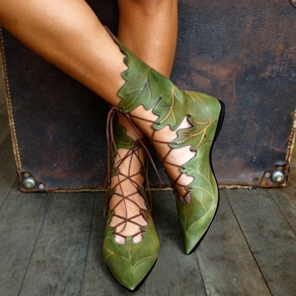 OOOUM Ladies Hollow Lace Up Flat Booties Pointed Toe Fashion Ankle Boots Vintage Outdoor Daily Shoes Green US:7.5