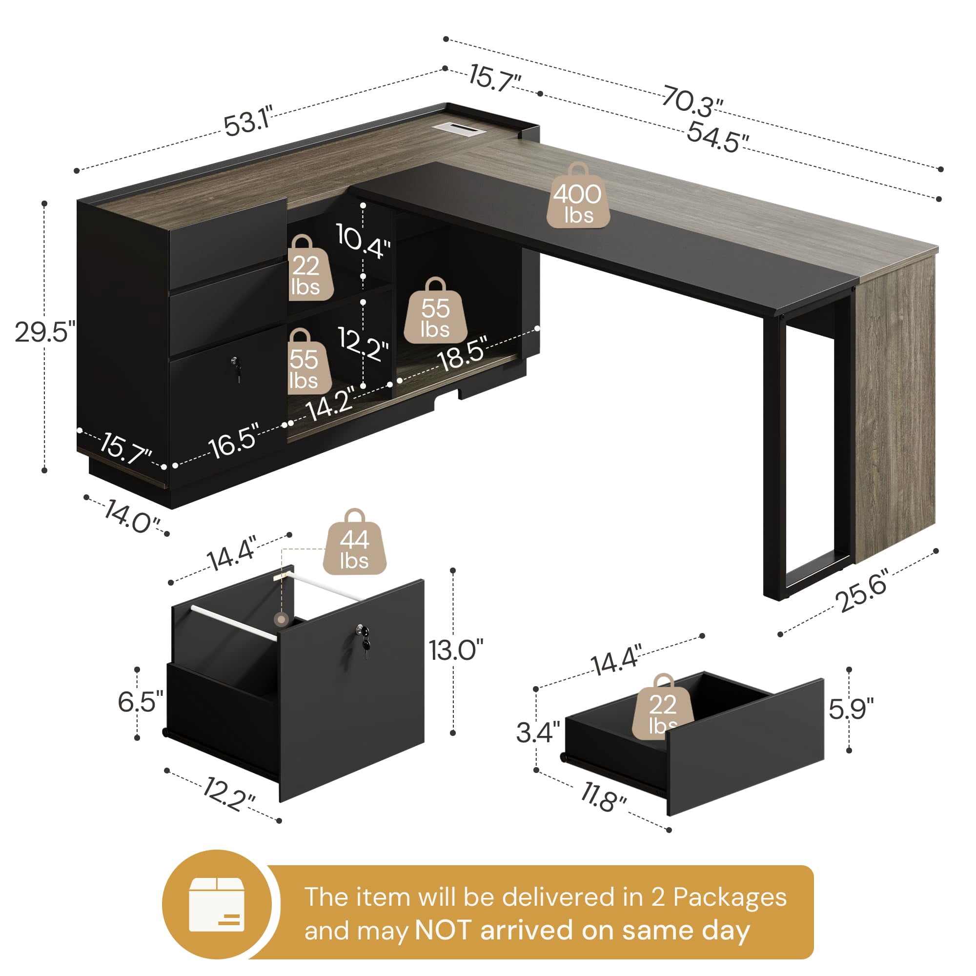 Vividwood 70" L-Shaped Executive Desk with Cabinet Storage, 3 Drawers, Storage Shelves, CPU Stand