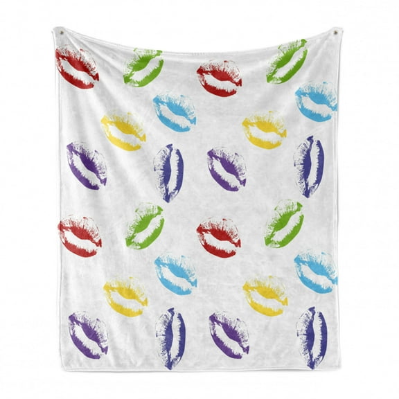 Colorful Soft Flannel Fleece Throw Blanket, Make up Cosmetics Theme Lipstick Colored Lips Kisses Seductive Feminine Art, Cozy Plush for Indoor and Outdoor Use, 60" x 80", Multicolor, by Ambesonne