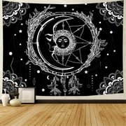 Moon and Sun Tapestry Psychedelic Bohemian Mandala Wall Tapestry Black and White Indian Hippy Celestial Tapestry Starry Dreamcatcher Tapestry Wall Hanging for Bedroom Living Room Dorm(71" x 59")
