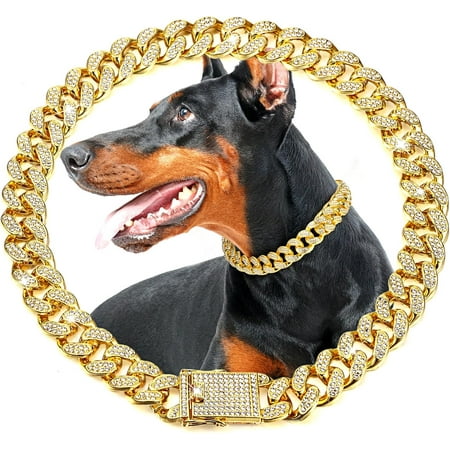 Wellsay LEIDE Dog Chain Collar Gold 20 mm Wide Diamond Collar Large Dog Necklace Metal Pet Crystal Collar Jewelry Accessories for Medium Large Dogs(22 Inch)