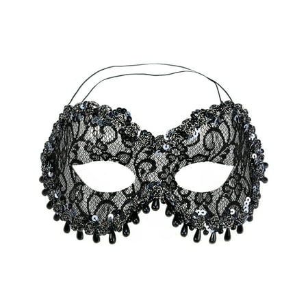 Womens Black Lace Eye Mask Raindrop Bead Sequins Italian Masquerade Costume