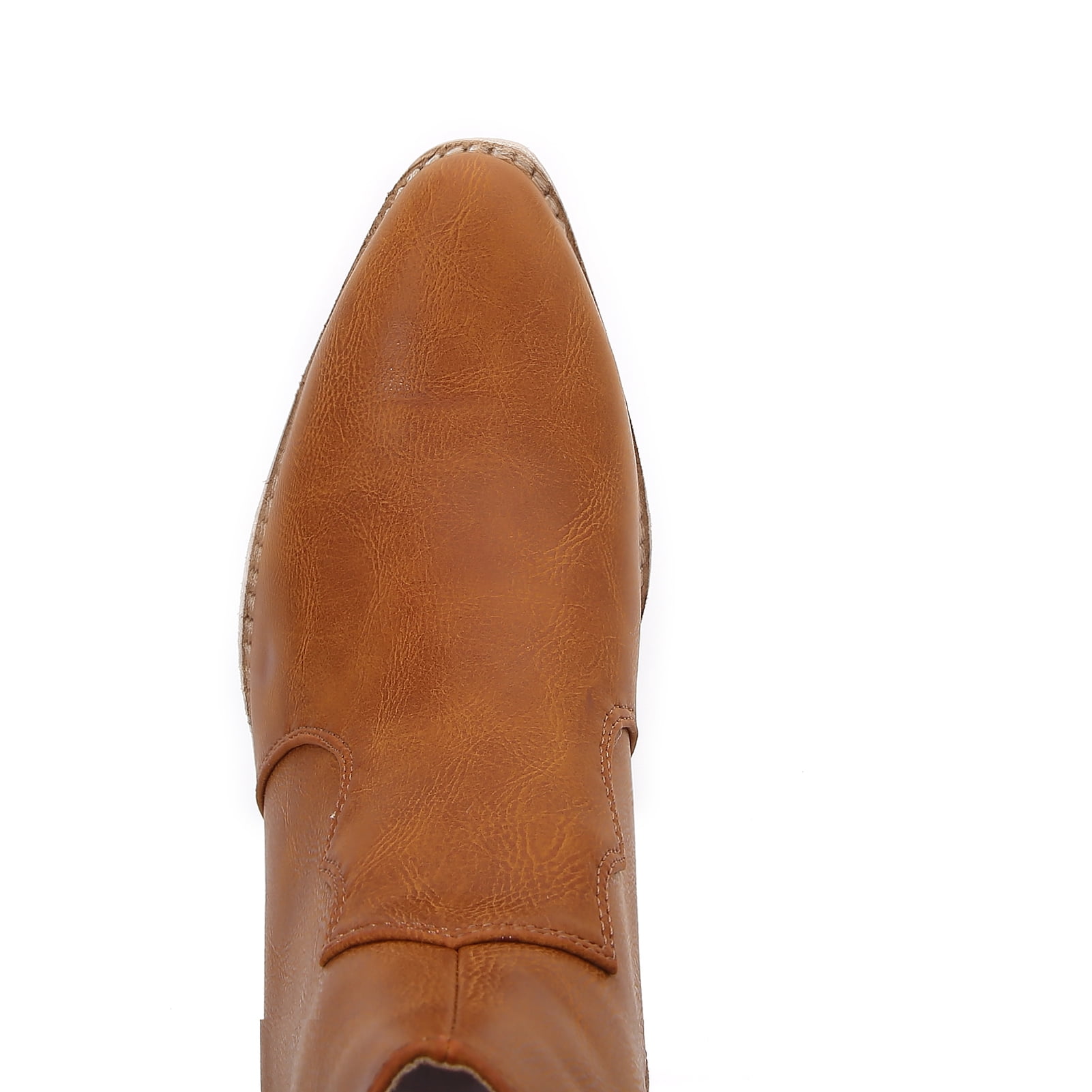 Women PU Leather Stacked Block Heel Western Cowboy Ankle Zip Up Boots (Camel / 10)