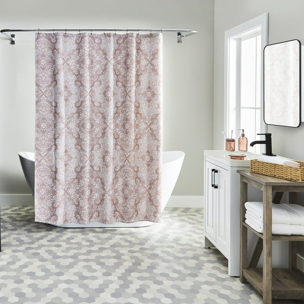 Damask Bath Accessories Sets, Pink And Beige Shower Curtain Ideas