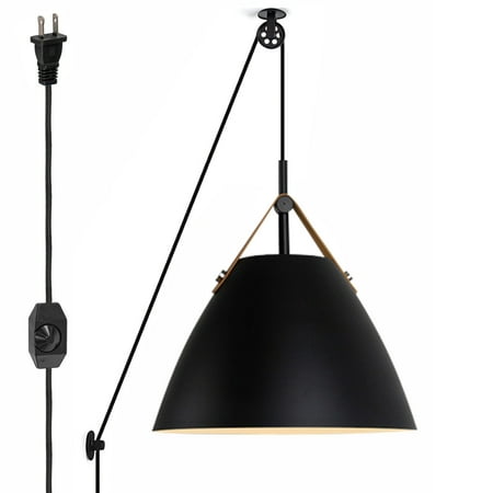 

Kiven Plug in Pendant Light Pulley Hanging Light with Black Iron Lampshade Modern Dimmable Ceiling Pendant Light for Bedroom Foyer Hallway Kitchen Island E26 Socket