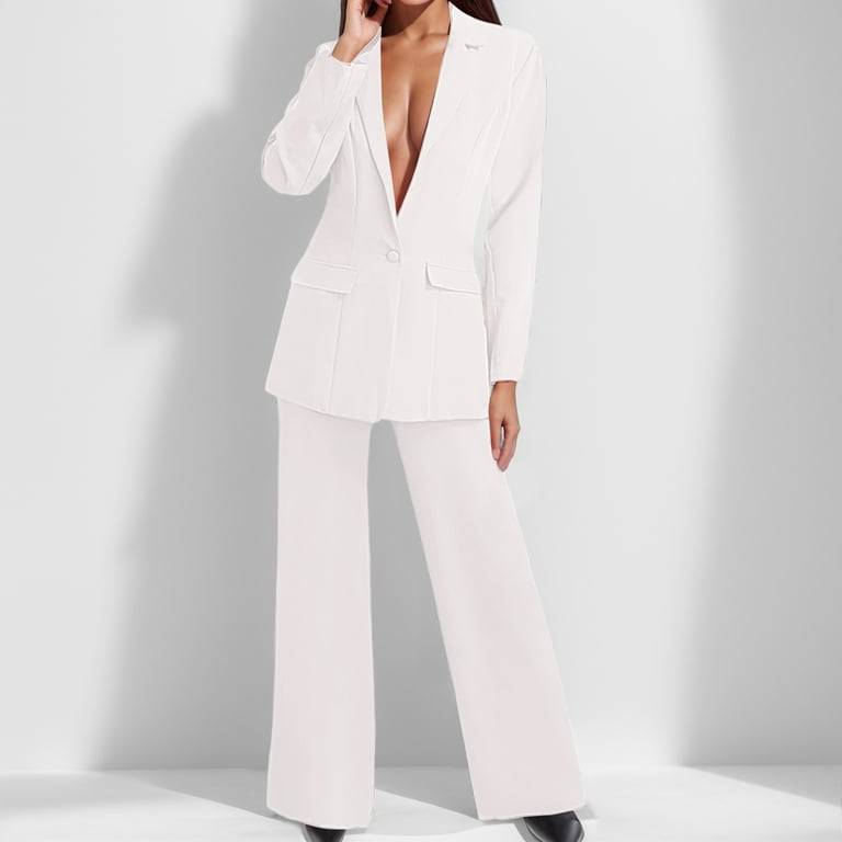 Dressy Pant Suits for A Wedding Women s Casual Solid Long Sleeve Suits Button Coat High Waist Long Pant Two Piece Set Dressy Pant Suits for A Wedding