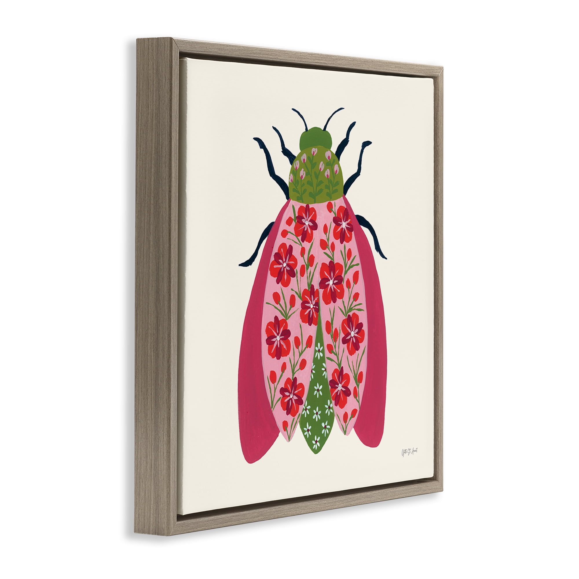 Stupell Industries Pink & Green Blooming Beetle Insects Painting Brown Floater Framed Canvas Art Print Wall Art, 18 x 18