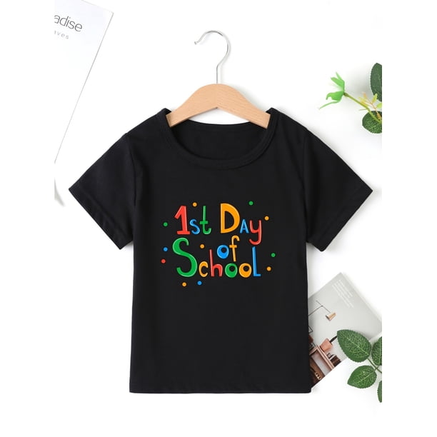 1st of School" Colorful Letter Print Girls' T-Shirt - Soft Cotton Blend, Machine Washable, Round Neck Short Sleeve Tee for Youngsters - Playful Letter Design | Soft Knit Fabric, Shirts for Girls
