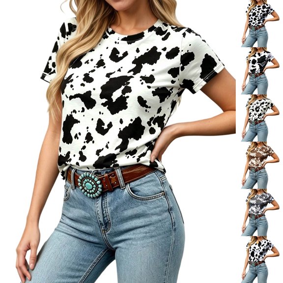 Western Tops for Women Crew Neck Short Sleeve Cow Shirts Casual Oversized T Shirt Cowgirls Outfits Women Size S-2XL