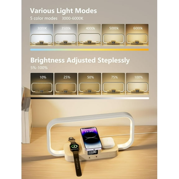 LED Bedside  with Wireless Charger, 3 Charging Station, 5 Color Modes & Dimmable, Night Clock  for Bedroom