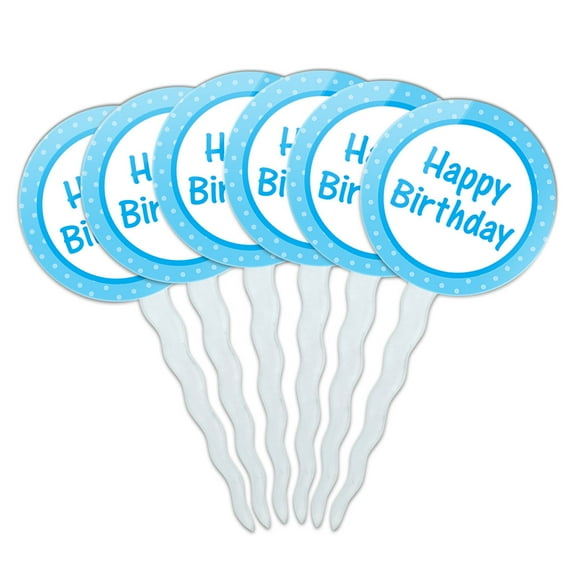 Happy Birthday with Blue Dots Cupcake Picks Toppers - Set of 6