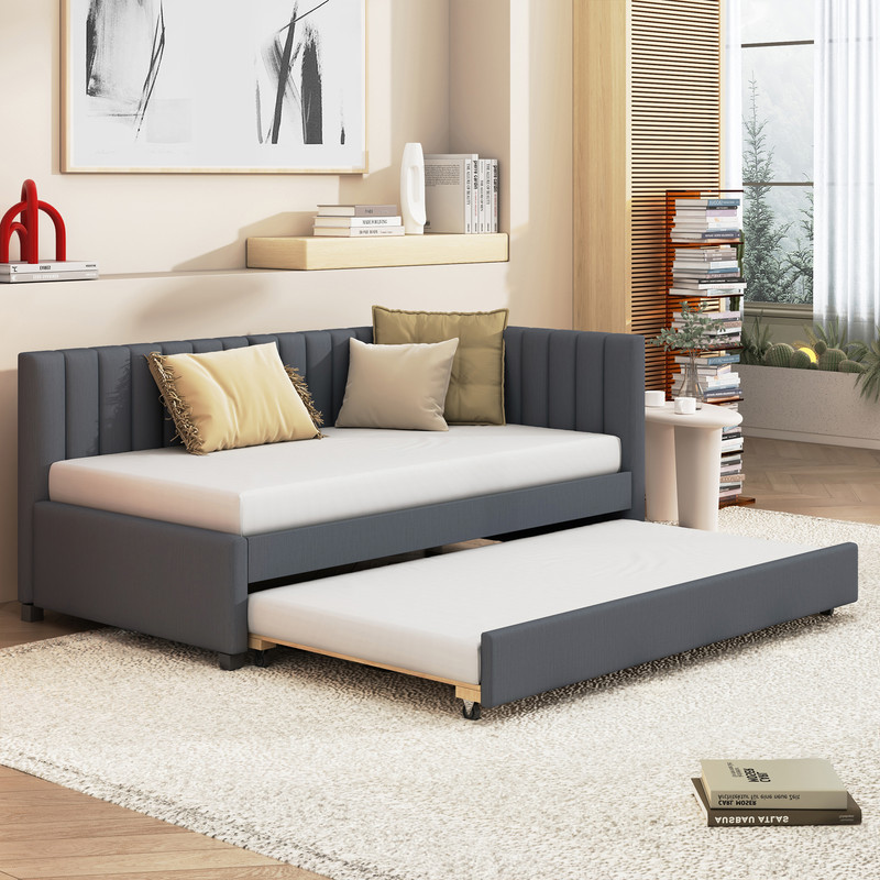 Aukfa Daybed with Trundle, Twin Size Upholstered Bed Frame, Gray